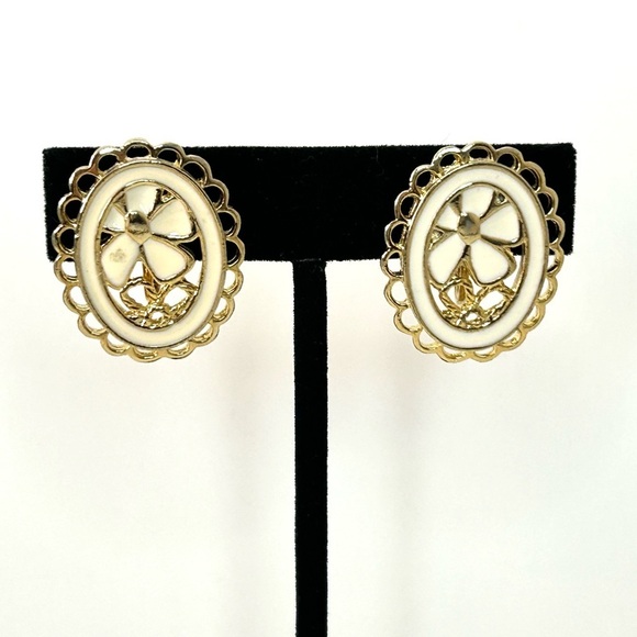 Gold Tone Cream Enamel Clip On Earrings 1.20”L - Picture 1 of 6